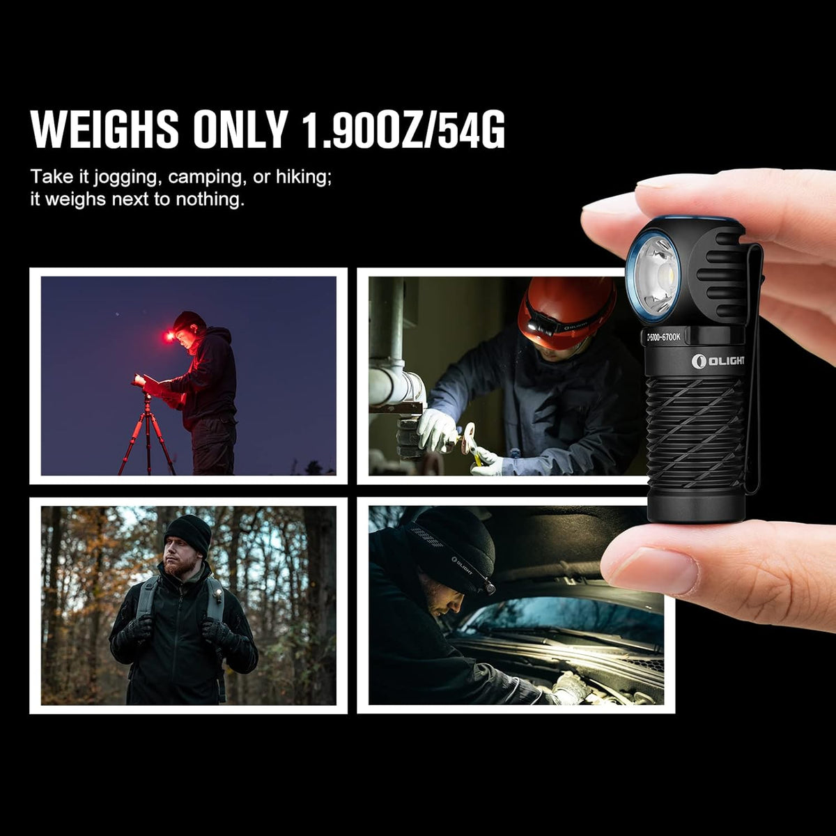Perun 2 Mini Headlamp Rechargeable, 1100 Lumens, Red Light, Black
