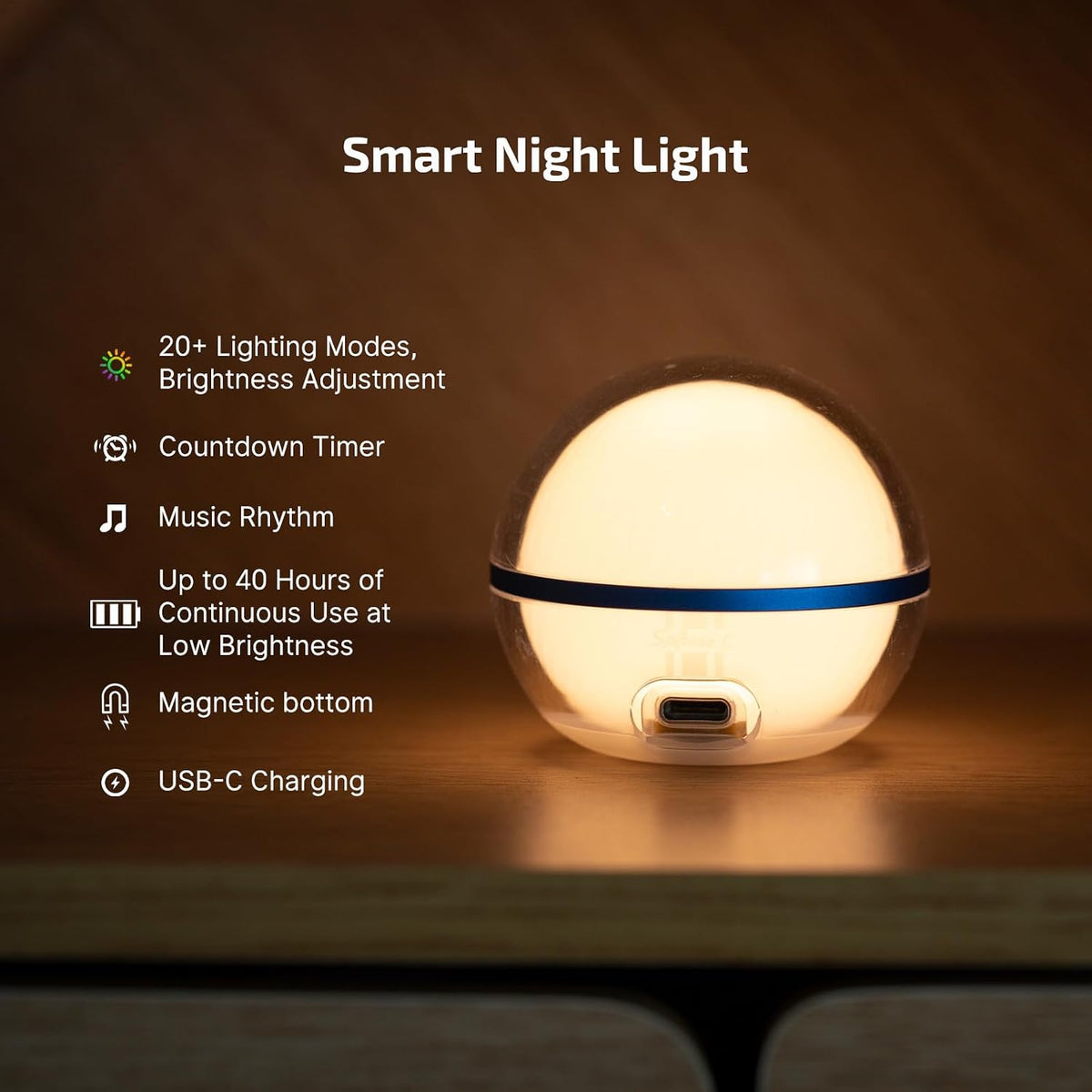 Sphere C Smart Night Light, USB-C Rechargeable RGB with App Control
