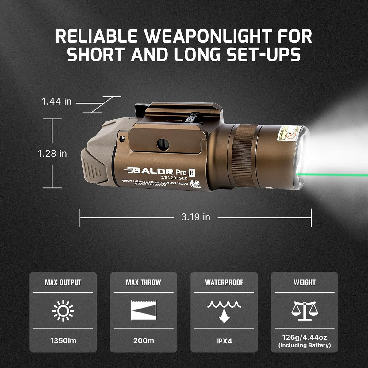 Baldr Pro R 1350 Lumens Rail Mounted Tactical Light with Green Beam