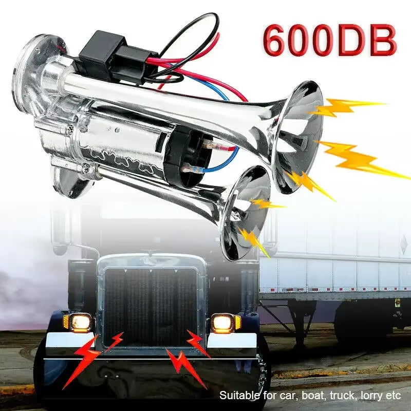 600DB Horn 12V Super Loud Car Electric Horn Dual Trumpets Air Horn Speaker for Car SUV Vehicle Boat Train Motorcycle RV Truck