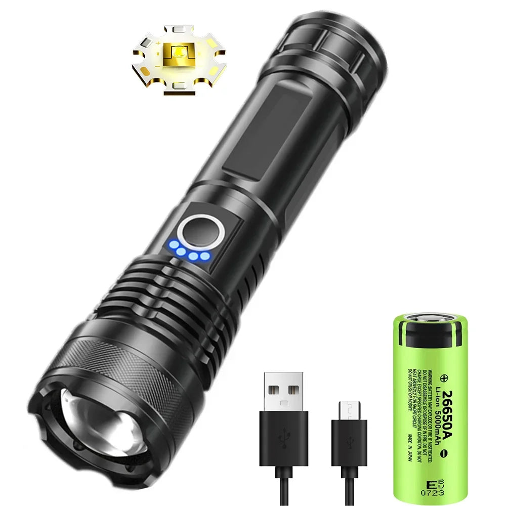 Most Powerful XHP50 LED Flashlight 18650 Rechargeable USB Torch Light Flashlights High Power Long Range Tactical Lantern