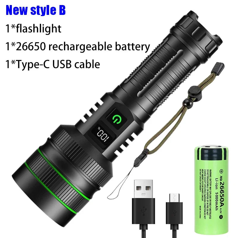 Most Powerful XHP50 LED Flashlight 18650 Rechargeable USB Torch Light Flashlights High Power Long Range Tactical Lantern
