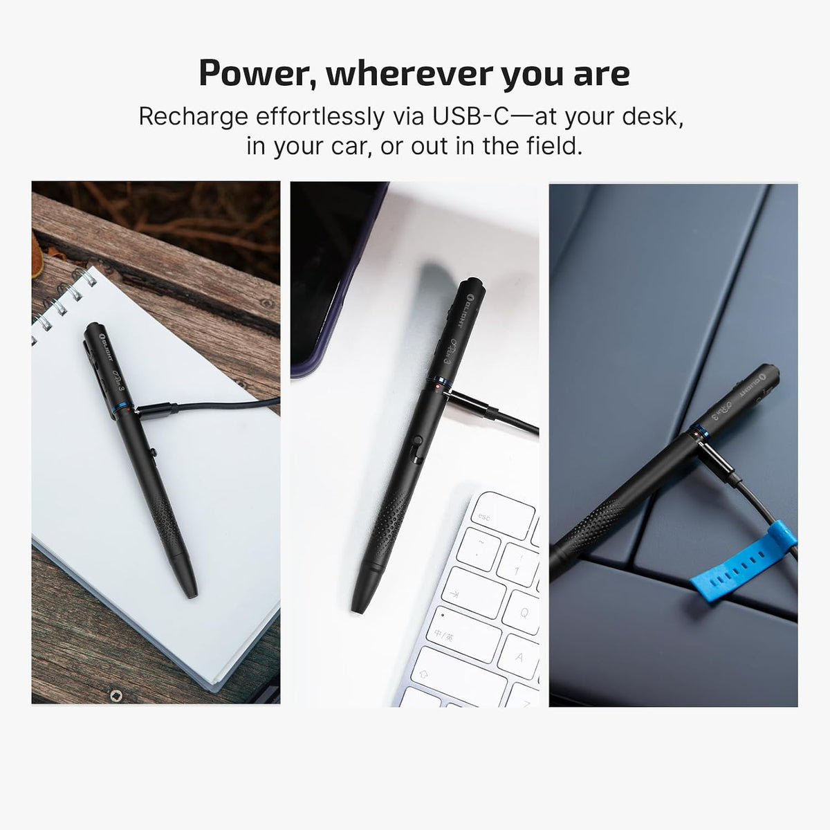 O'Pen 3 Pen Light, USB-C Rechargeable EDC Flashlight, Black
