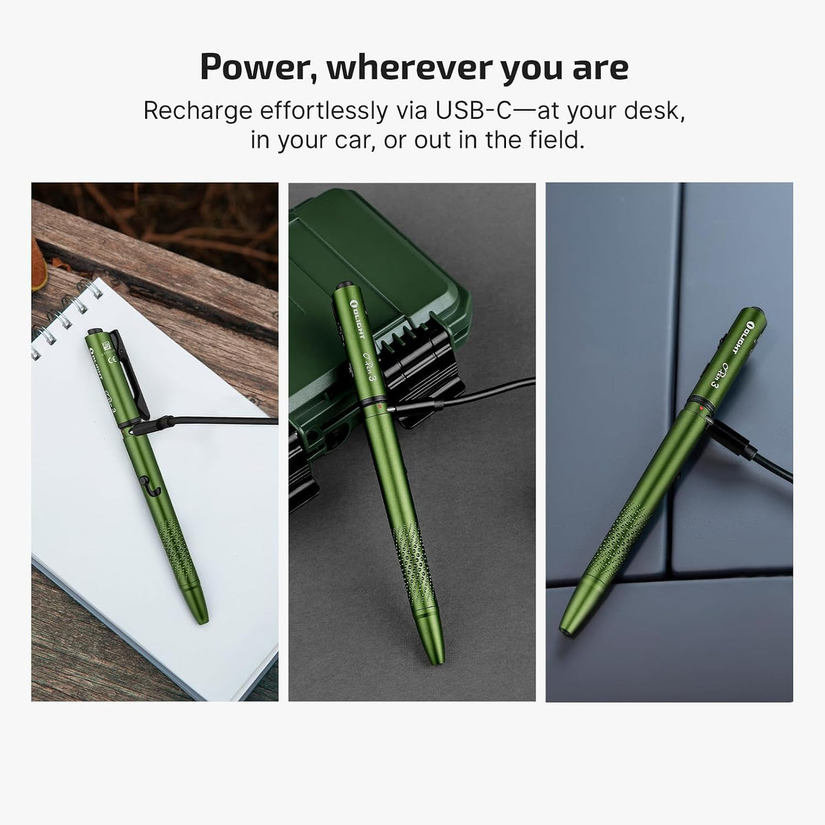 O'Pen 3 Pen Light, USB-C Rechargeable EDC Flashlight, OD Green