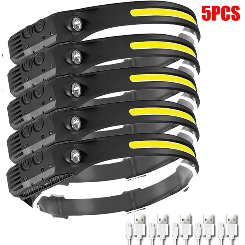1~5Pack Headlamp USB Rechargeable LED Sensor Flashlight XPE+COB Torch Camping Waterproof Headlight for Fishing Lantern