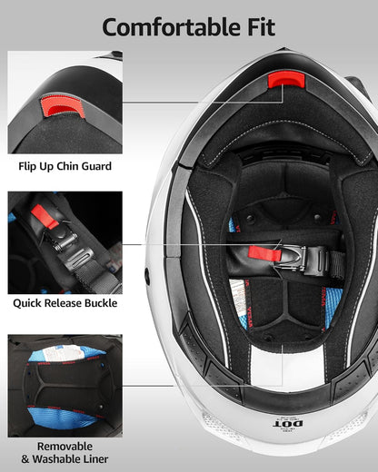 Modular Motorcycle Helmets, DOT Approved Full Face Motorcycle Helmet with with Flip up Dual Visor for Men & Women - Street, Scooter, ATV, E-Bike